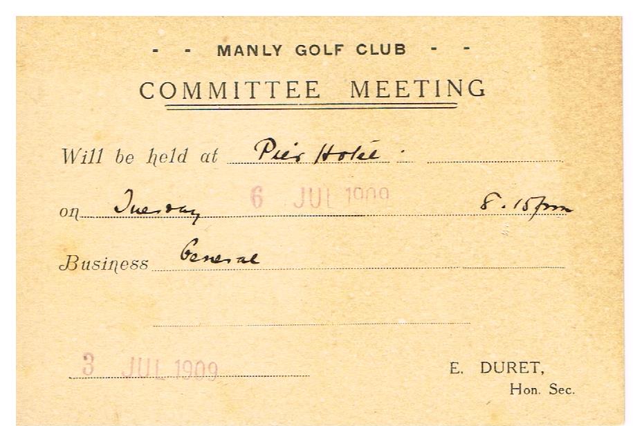 Notice of Manly Golf Club Committee Meeting on 6th July 1909